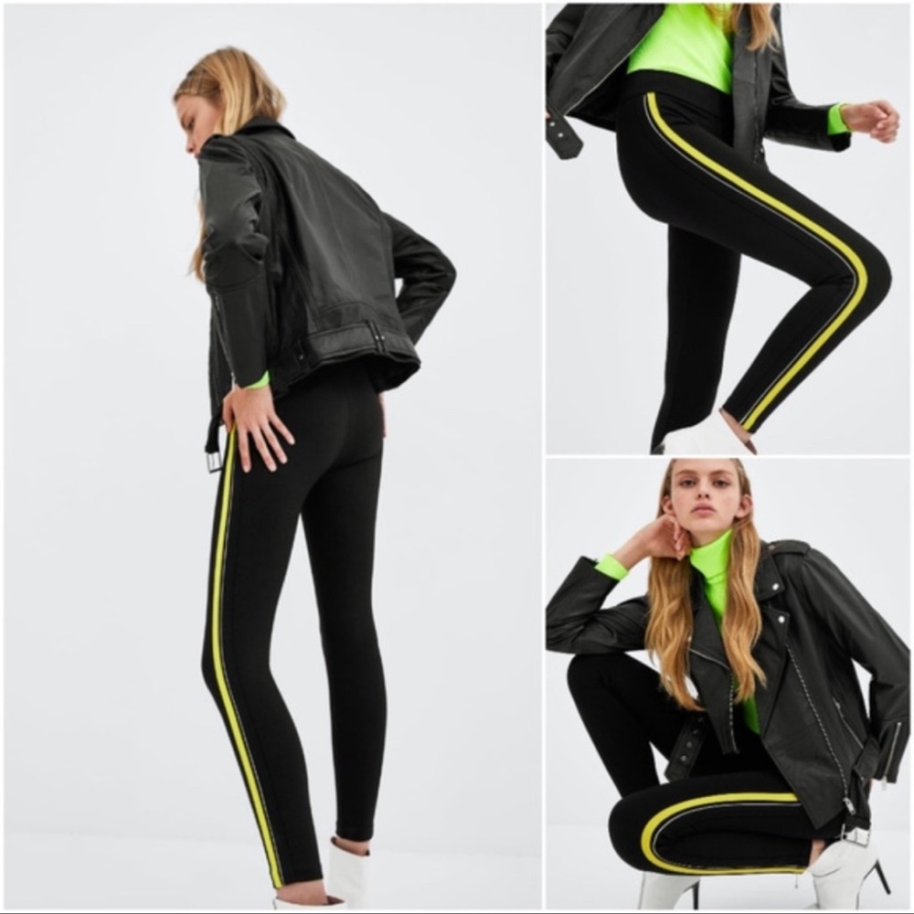 Zara Trafaluc Leggings Black Yellow White Stripes Size Medium